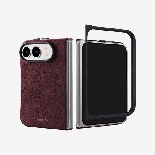 The Modern Case in Bordeaux, Alcantara®, for iPhone Duo — Alcantara back and slim front frame shown as two pieces | Luriax