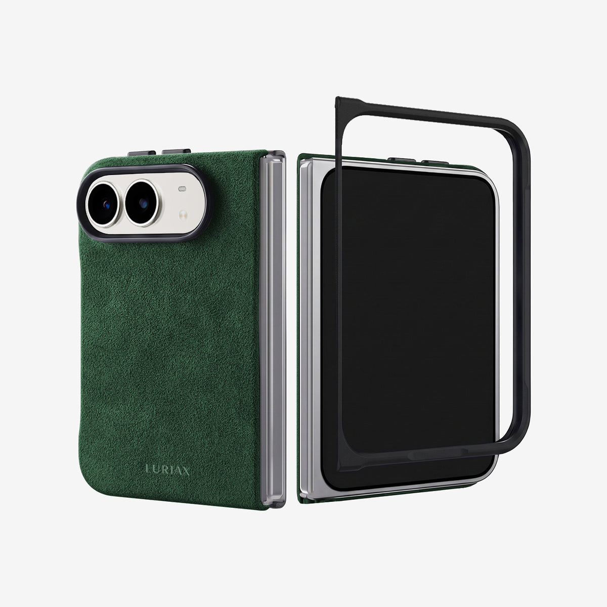 The Modern Case in British Racing Green, Alcantara®, for iPhone Duo — Alcantara back and slim front frame shown as two pieces | Luriax