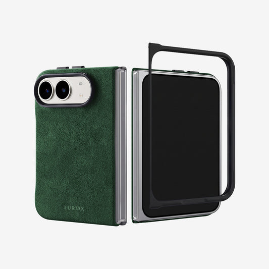 The Modern Case in British Racing Green, Alcantara®, for iPhone Duo — Alcantara back and slim front frame shown as two pieces | Luriax
