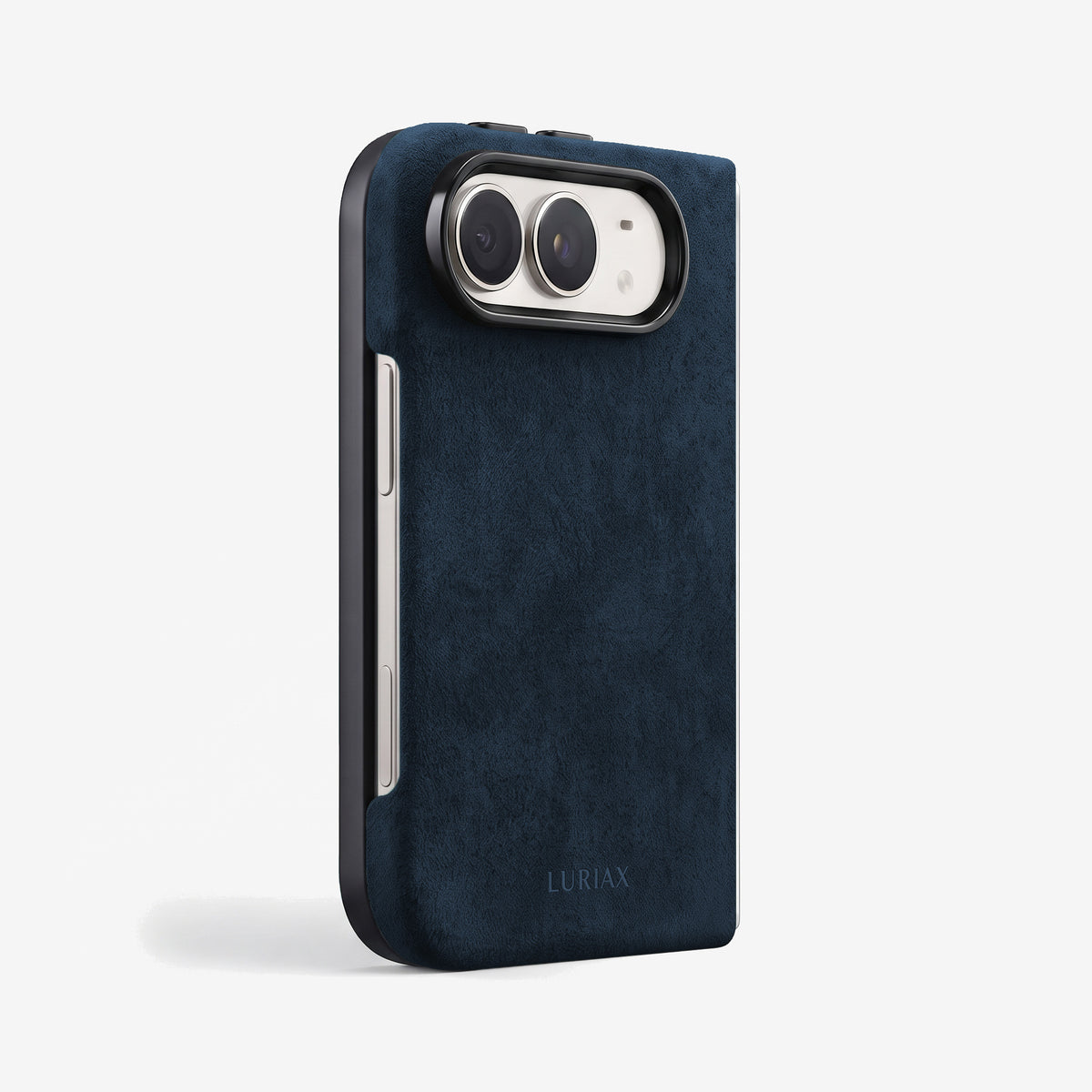 The Modern Case in Midnight Blue, Alcantara®, for iPhone Duo — back view with framed camera cutout and button covers | Luriax