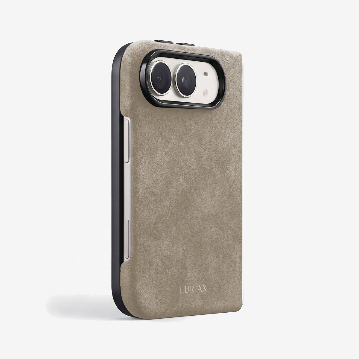 The Modern Case in Sand, Alcantara®, for iPhone Duo — back view with framed camera cutout and button covers | Luriax