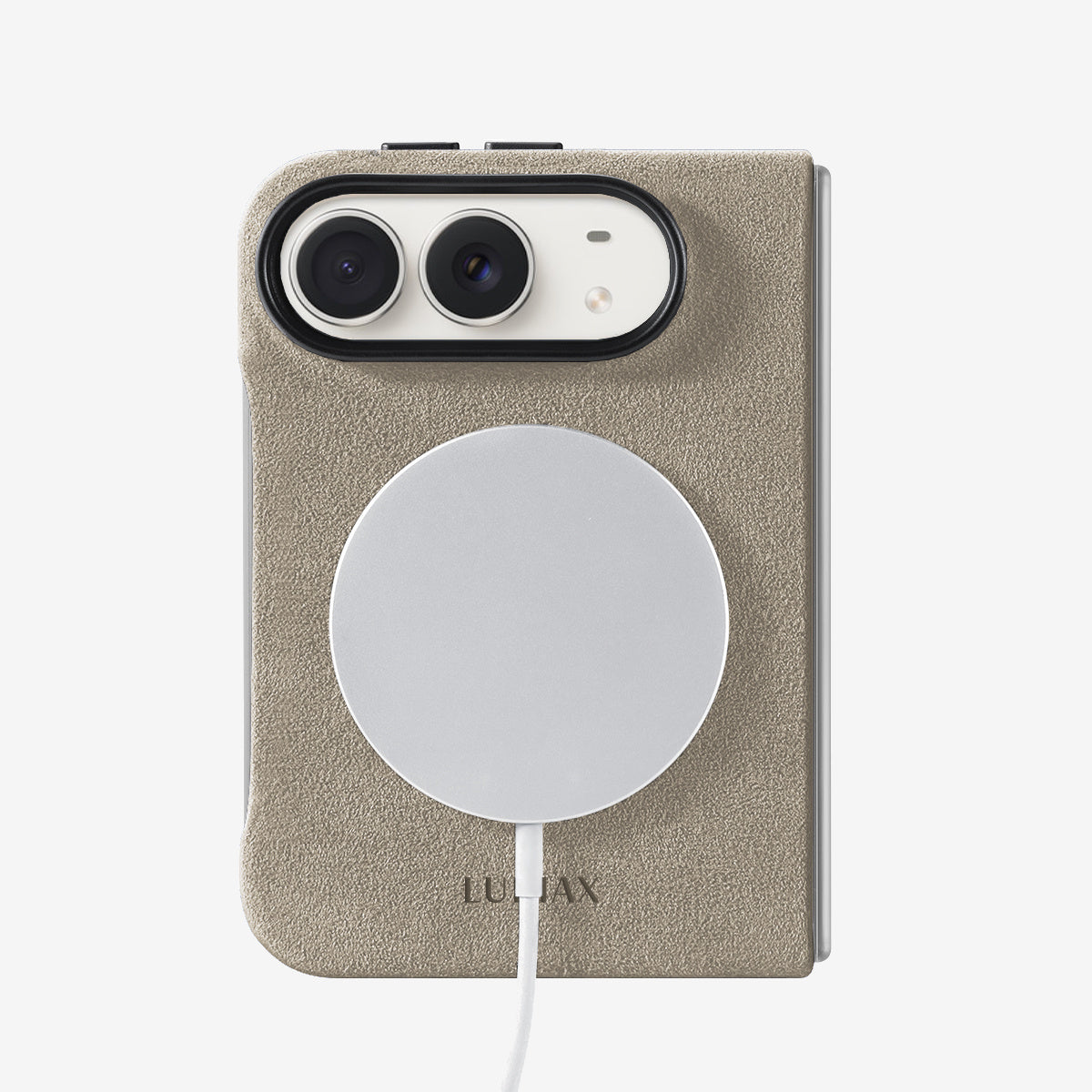 The Modern Case in Sand, Alcantara®, for iPhone Duo — back view with MagSafe charger attached | Luriax