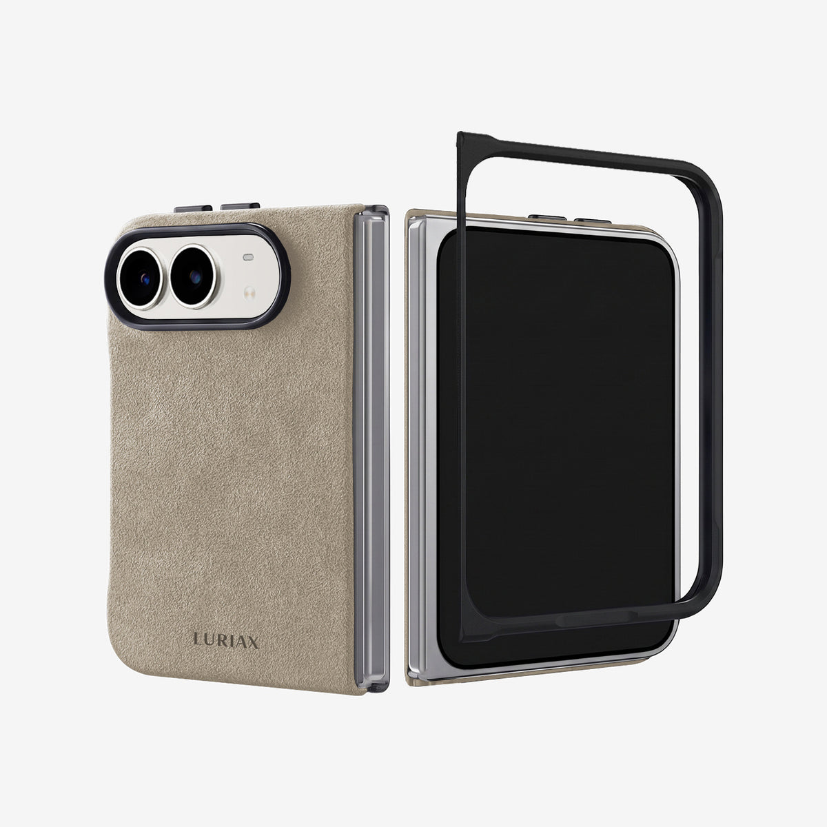 The Modern Case in Sand, Alcantara®, for iPhone Duo — Alcantara back and slim front frame shown as two pieces | Luriax