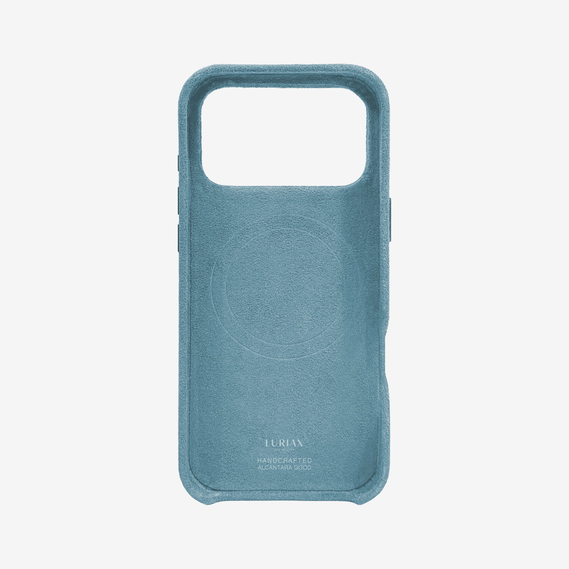 The Signature Handcrafted Case — Limited Edition iPhone 18 in Baby Blue, Alcantara® — back view | Luriax
