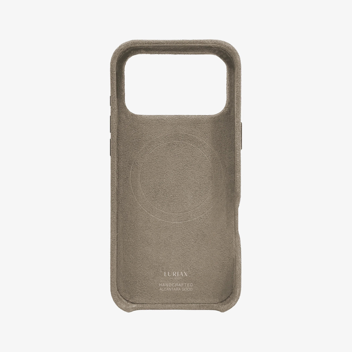 The Signature Handcrafted Case — iPhone 17 in Malibu Beige, Alcantara® — back view | Luriax