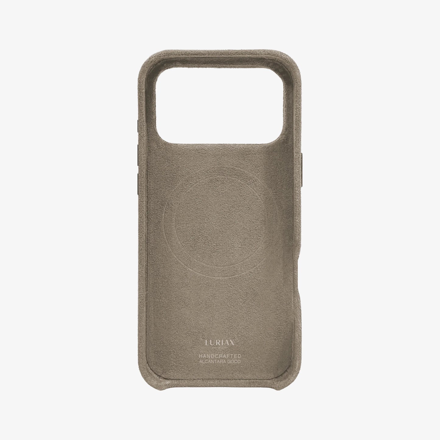 The Signature Handcrafted Case — iPhone 17 in Malibu Beige, Alcantara® — back view | Luriax