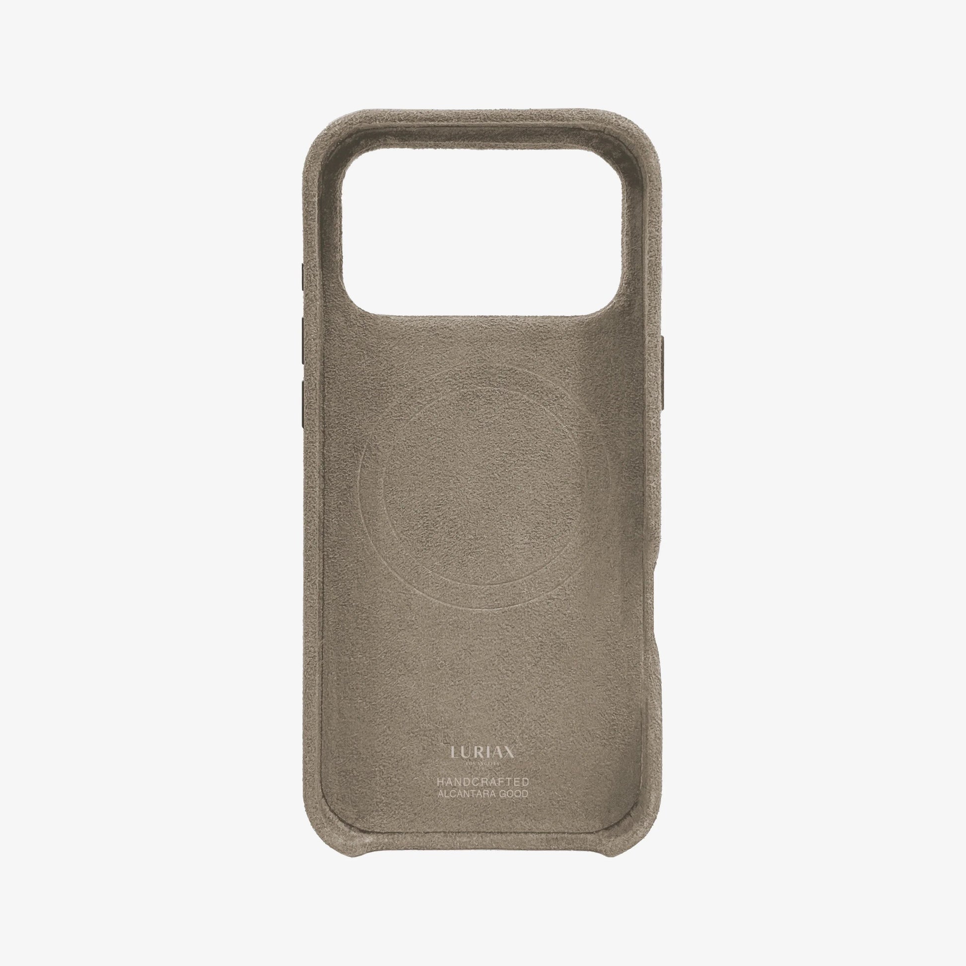 The Signature Handcrafted Case — iPhone 17 in Malibu Beige, Alcantara® — back view | Luriax
