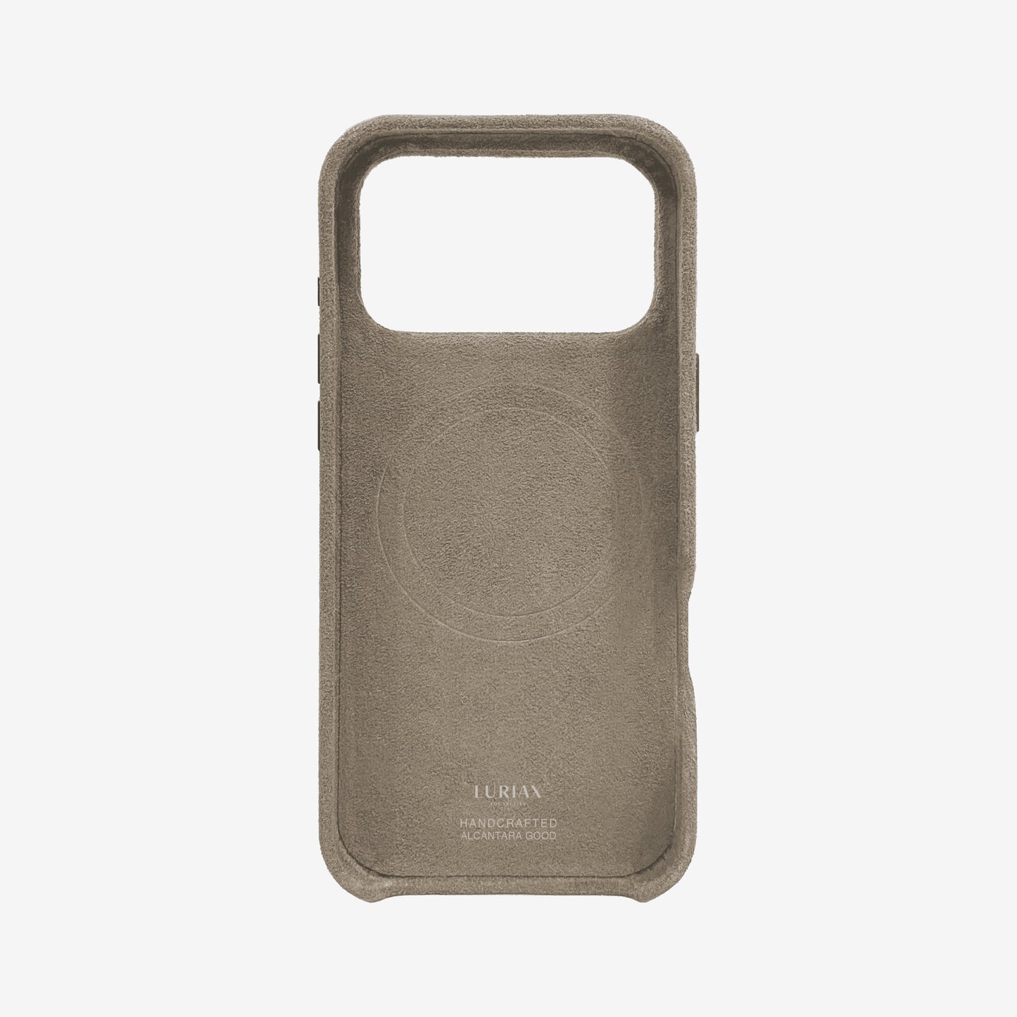 The Signature Handcrafted Case — iPhone 18 in Malibu Beige, Alcantara® — back view | Luriax