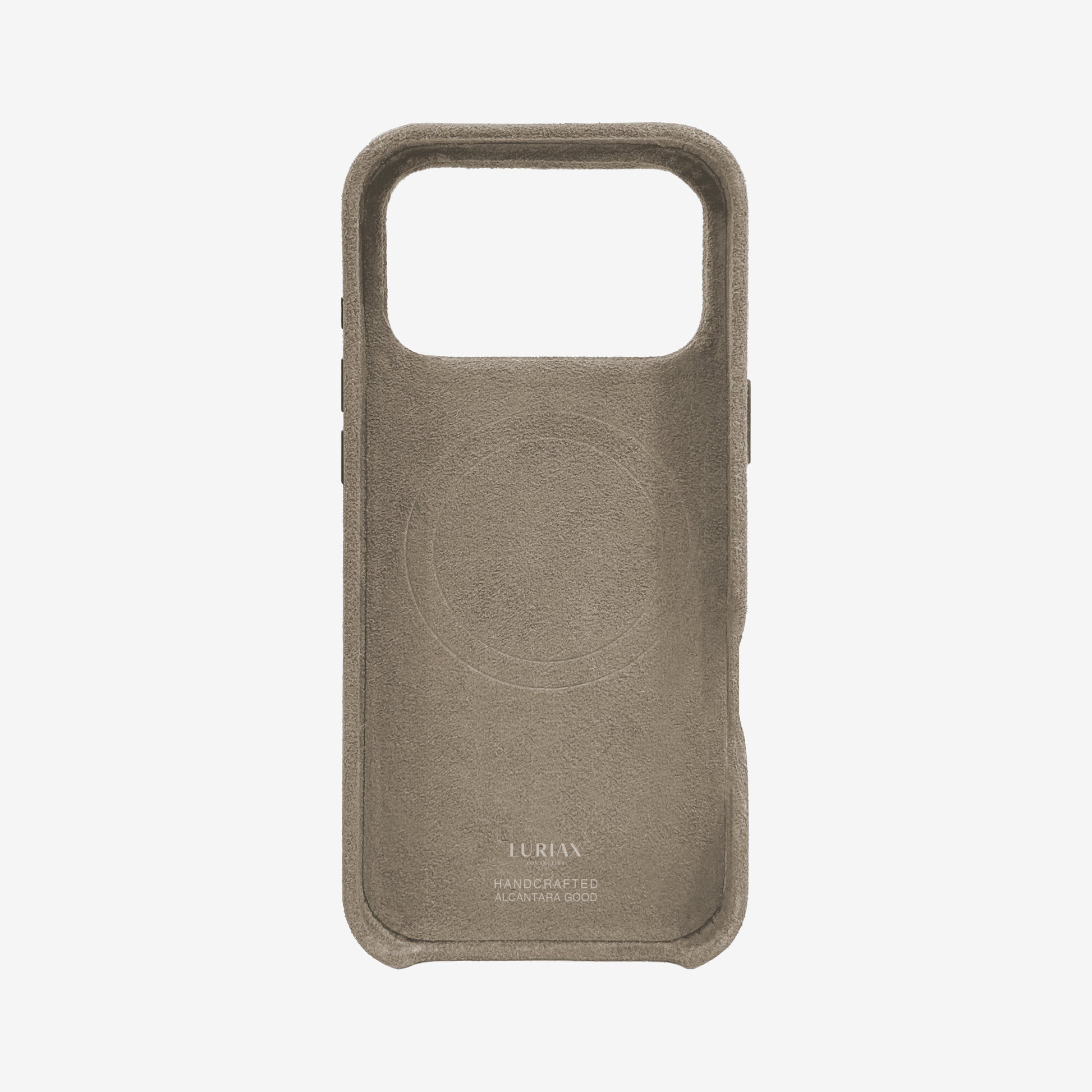 The Signature Handcrafted Case — iPhone 18 in Malibu Beige, Alcantara® — back view | Luriax