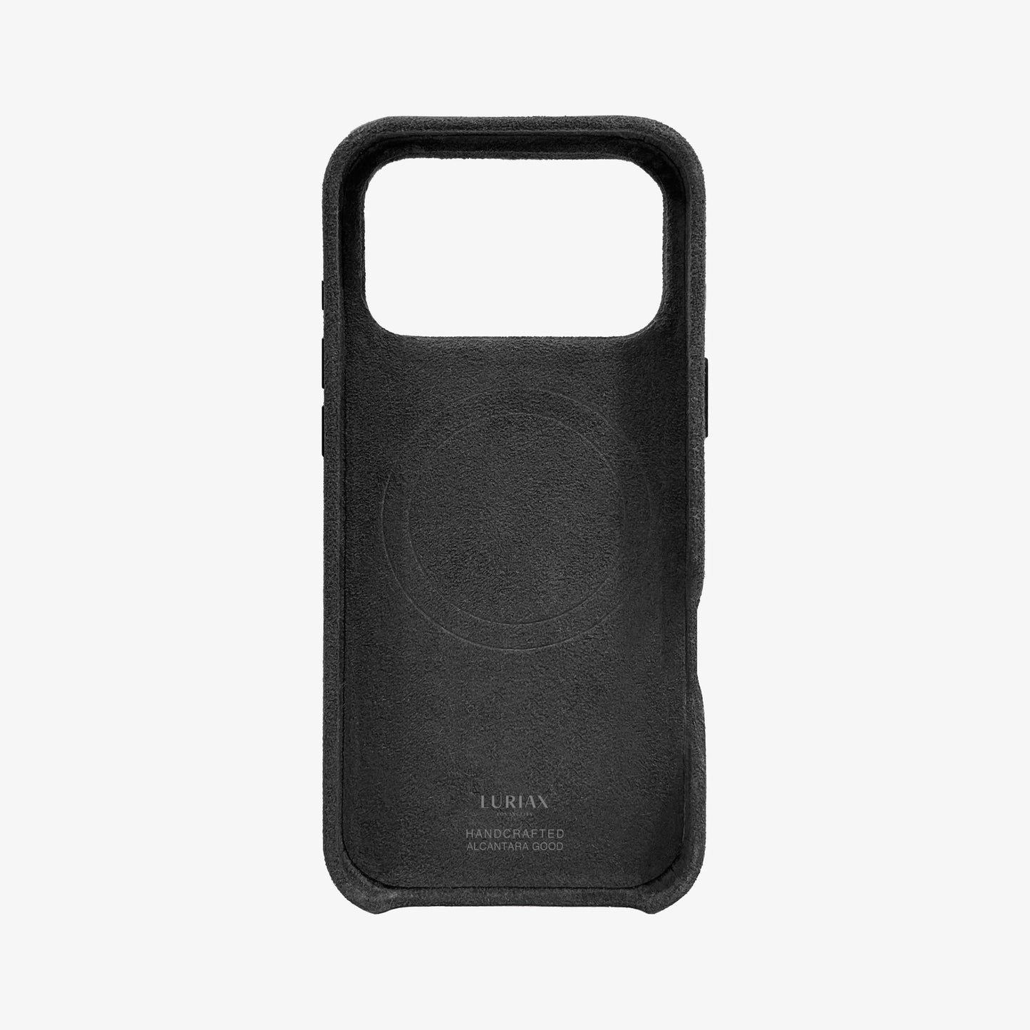 The Signature Handcrafted Case — iPhone 17 in Black Caviar, Alcantara® — back view | Luriax