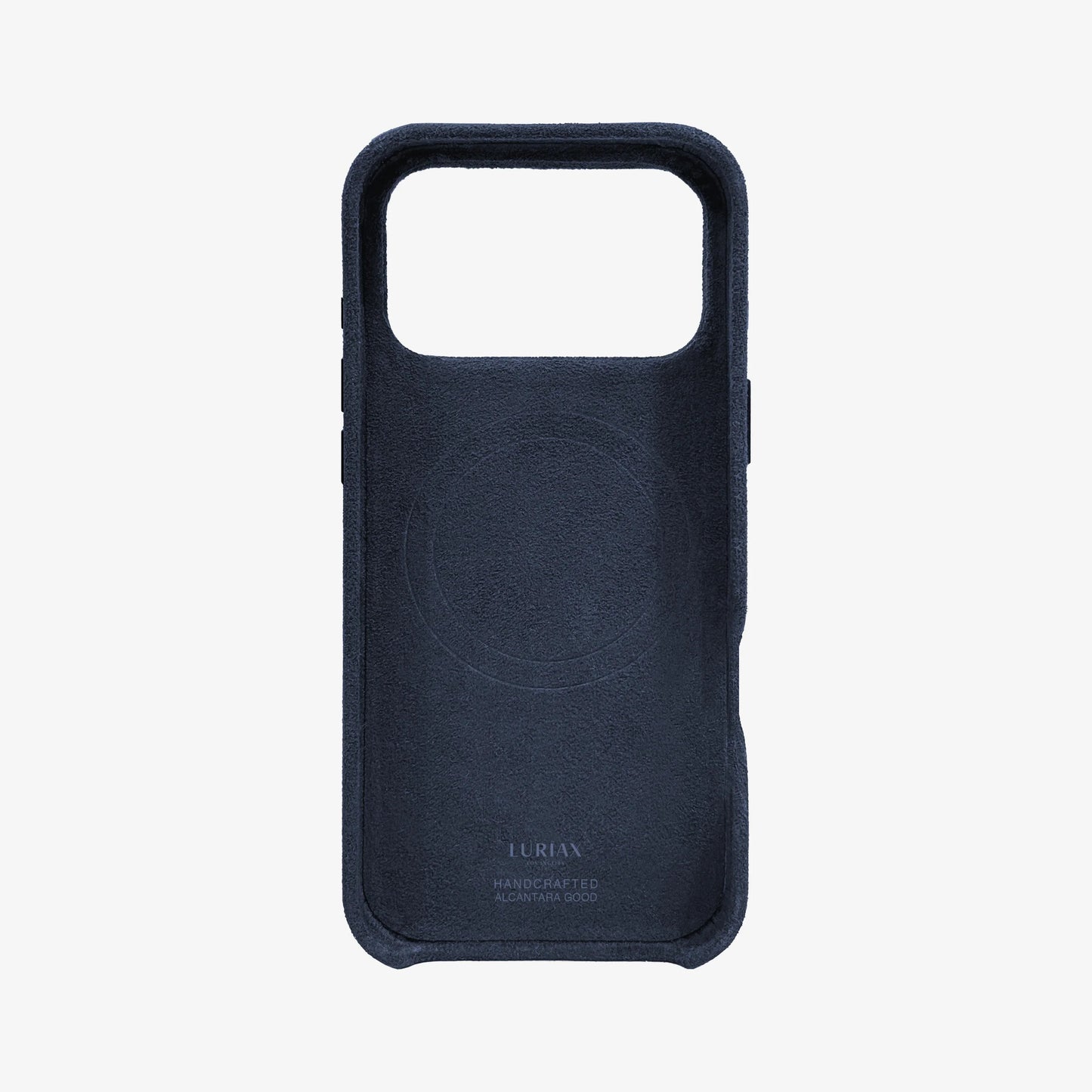 The Signature Handcrafted Case — iPhone 17 in Midnight Blue, Alcantara® — back view | Luriax