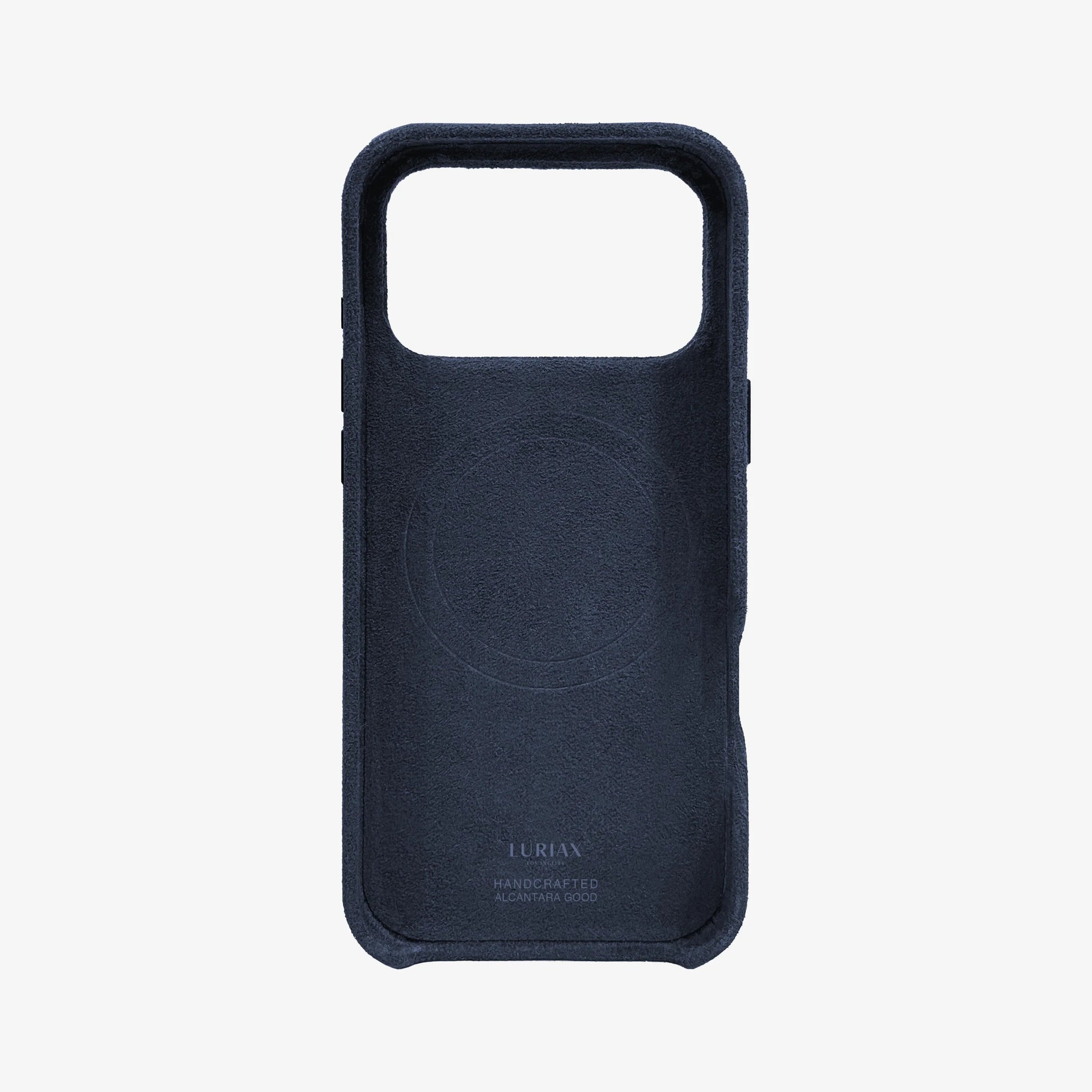 The Signature Handcrafted Case — iPhone 17 in Midnight Blue, Alcantara® — back view | Luriax