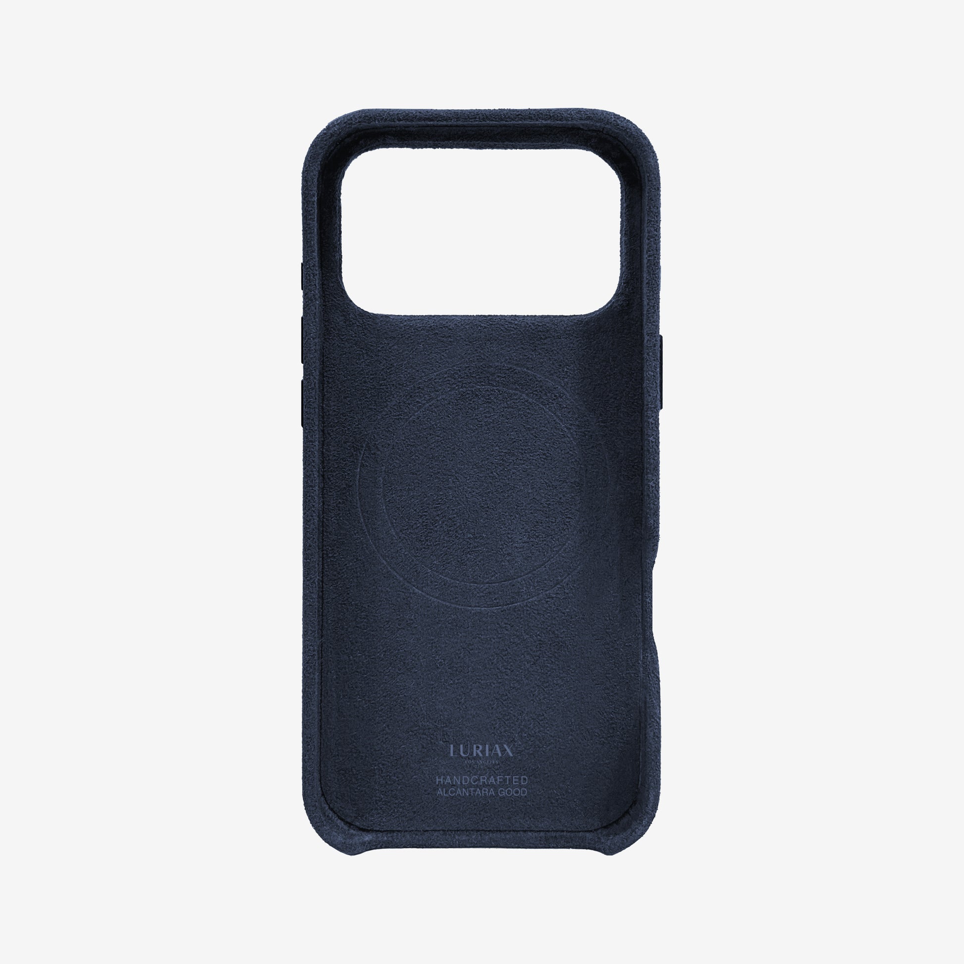 The Signature Handcrafted Case — iPhone 18 in Midnight Blue, Alcantara® — back view | Luriax