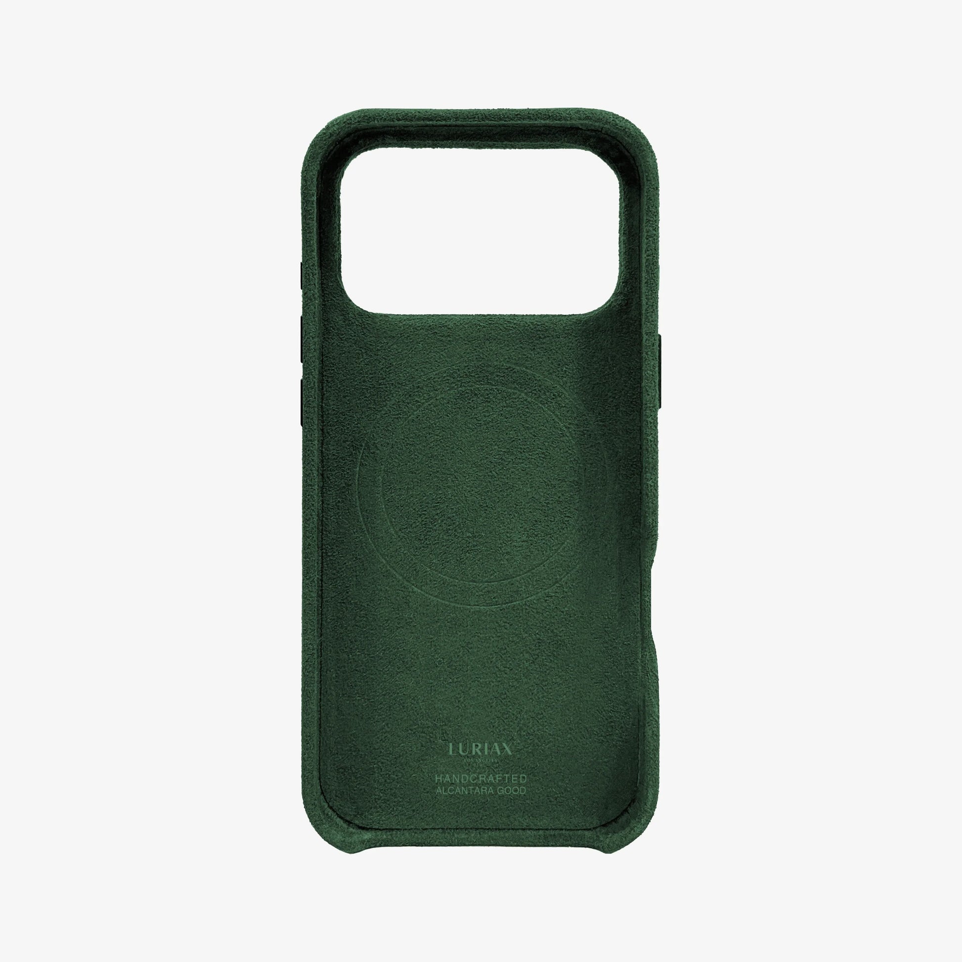 The Signature Handcrafted Case — iPhone 17 in British Racing Green, Alcantara® — back view | Luriax