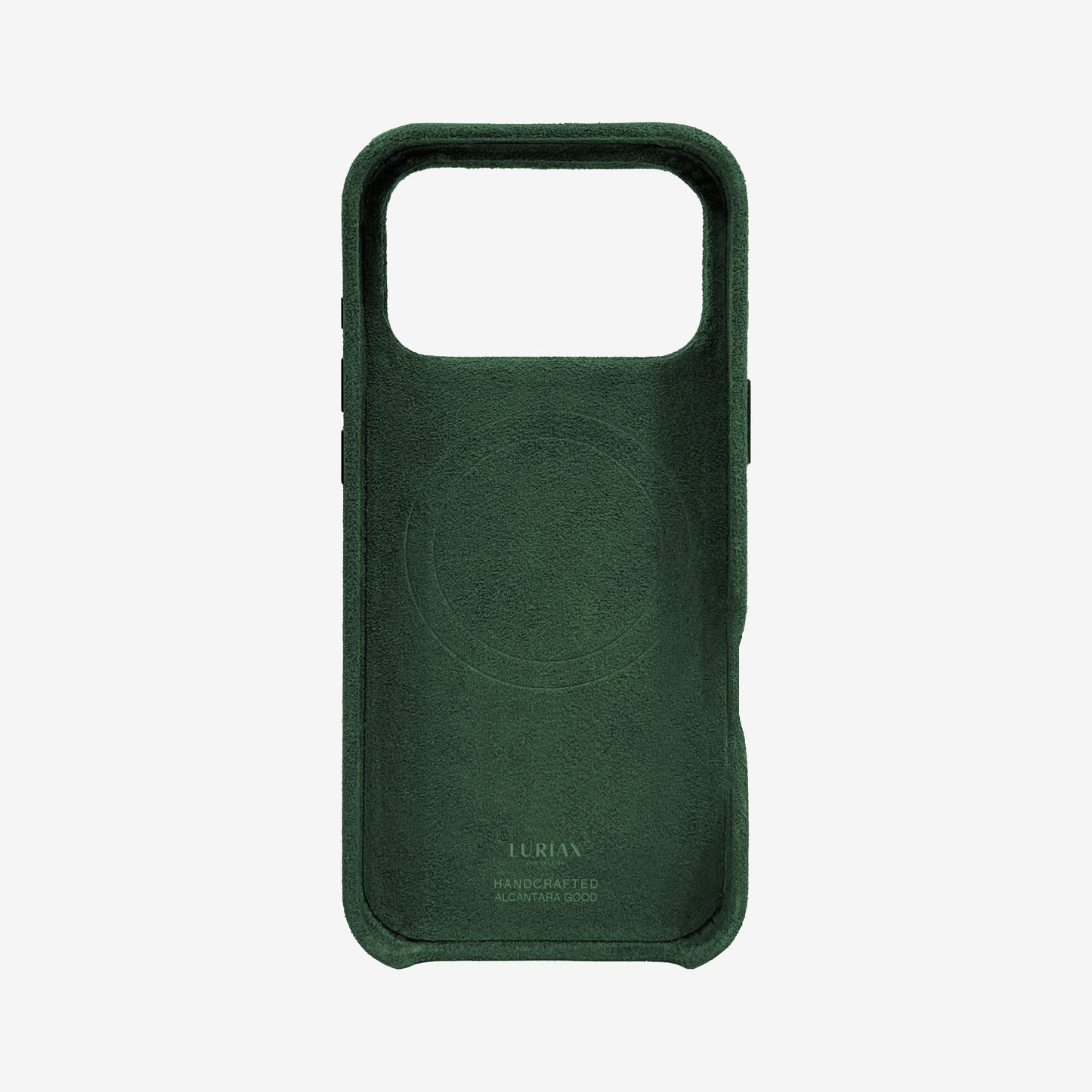 The Signature Handcrafted Case — iPhone 18 in British Racing Green, Alcantara® — back view | Luriax