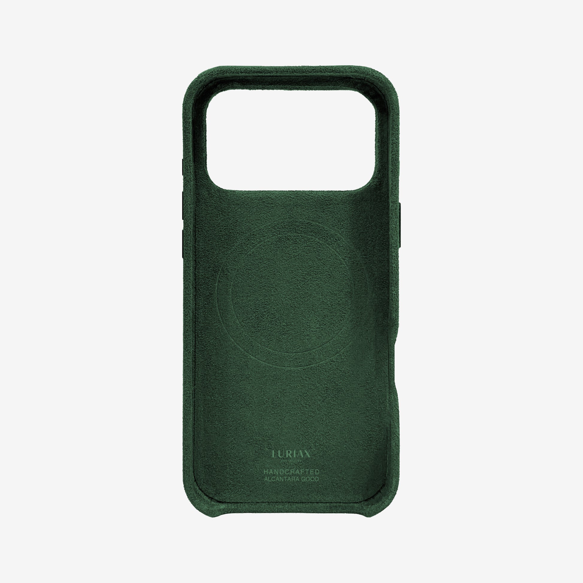 The Signature Handcrafted Case — iPhone 18 in British Racing Green, Alcantara® — back view | Luriax