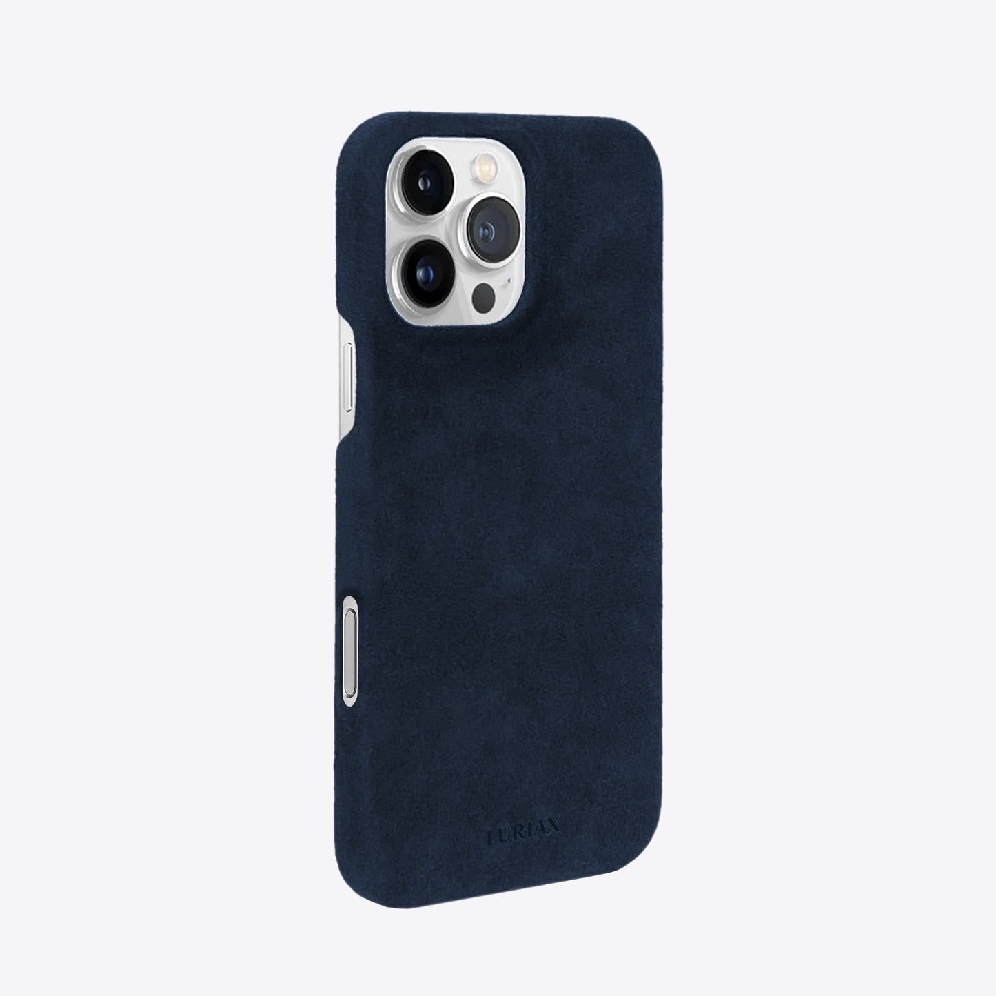 The Sport Alcantara iPhone 16 Pro Max Case in Dark Blue on White Titanium by Luriax - Side View