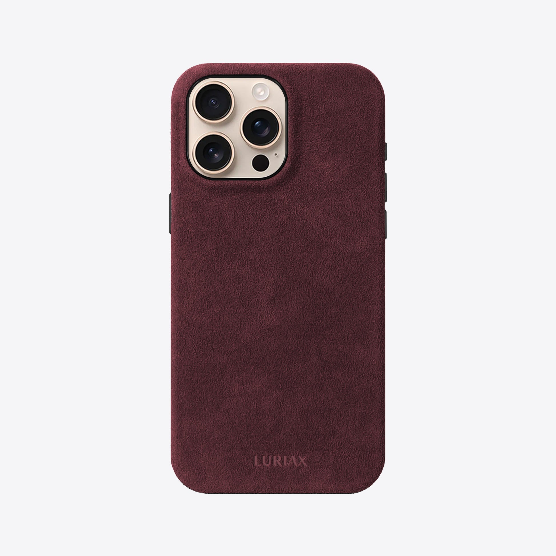 Alcantara iPhone 16 Pro Max case burgundy on desert gold