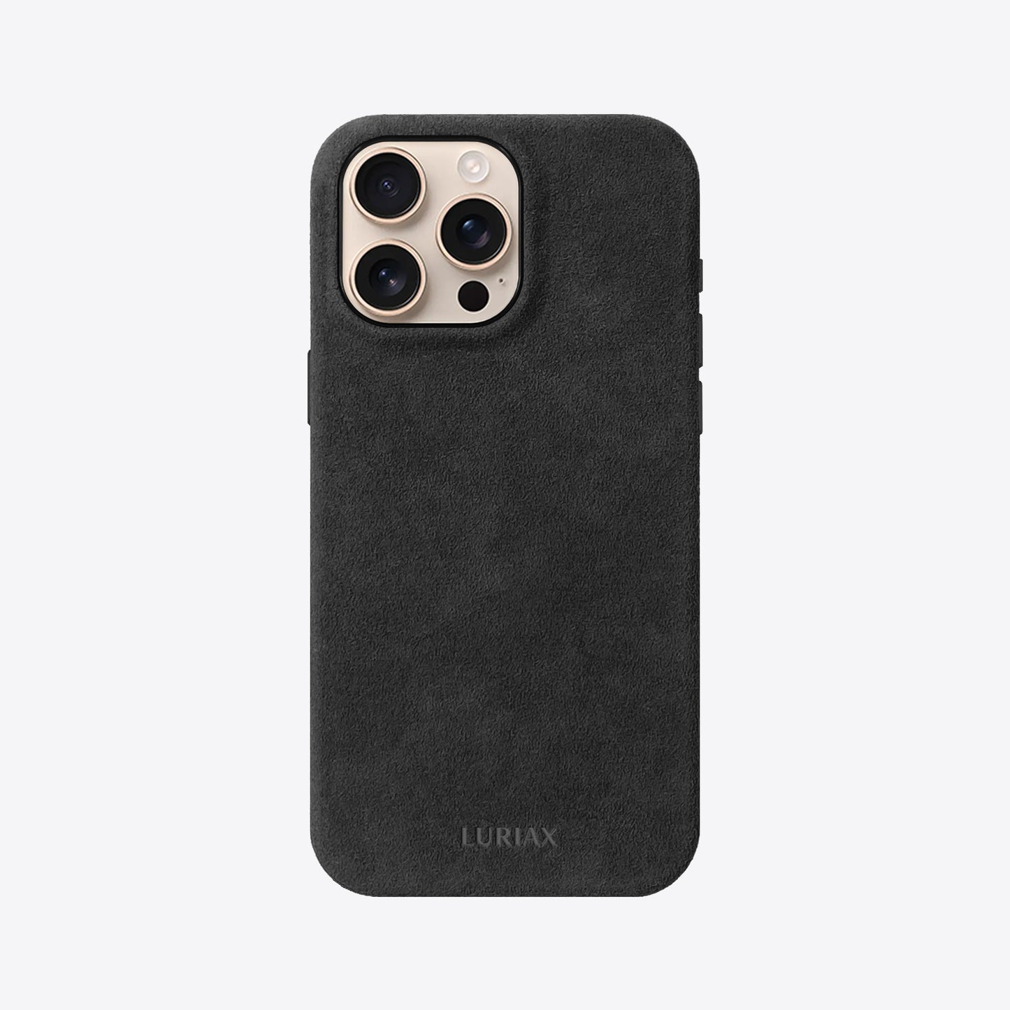 Alcantara iPhone 16 Pro Max Case in Charcoal Black on Desert Titanium 