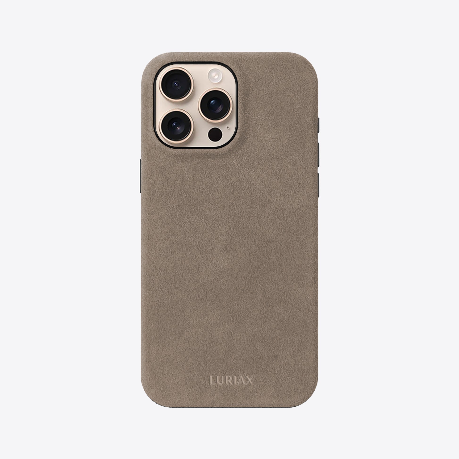 Alcantara iPhone 16 Pro Max Case in Malibu Beige on Desert Titanium iPhone. Best Case for iPhone Desert Titanium