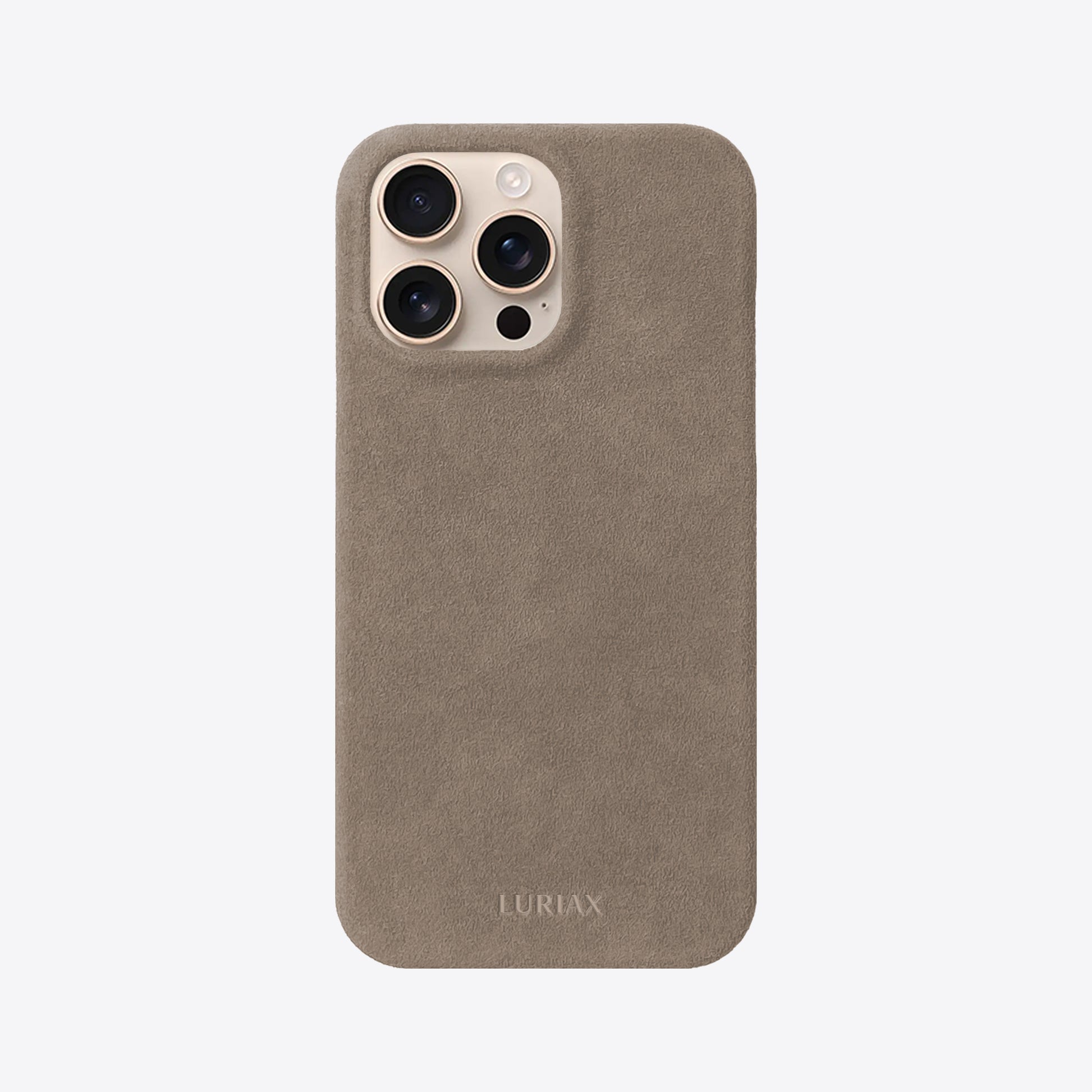 The Sport Alcantara Suede iPhone 16 Pro Max Case in Malibu Beige on Desert Titanium by Luriax - Front View