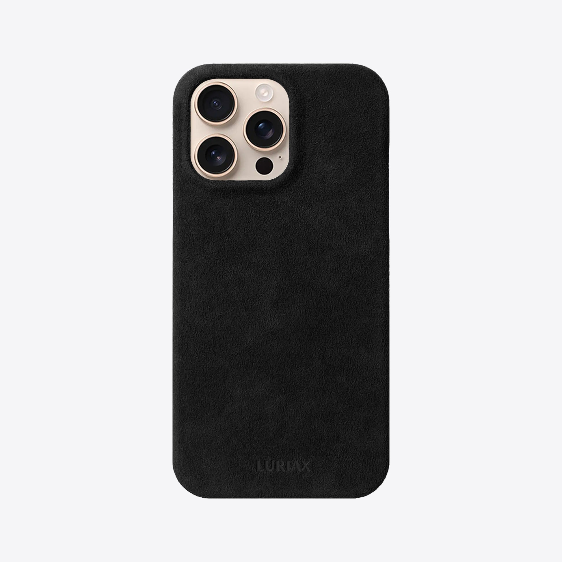 The Sport Alcantara Suede iPhone 16 Pro Max Case in Pure Black on Desert Titanium by Luriax - Front View
