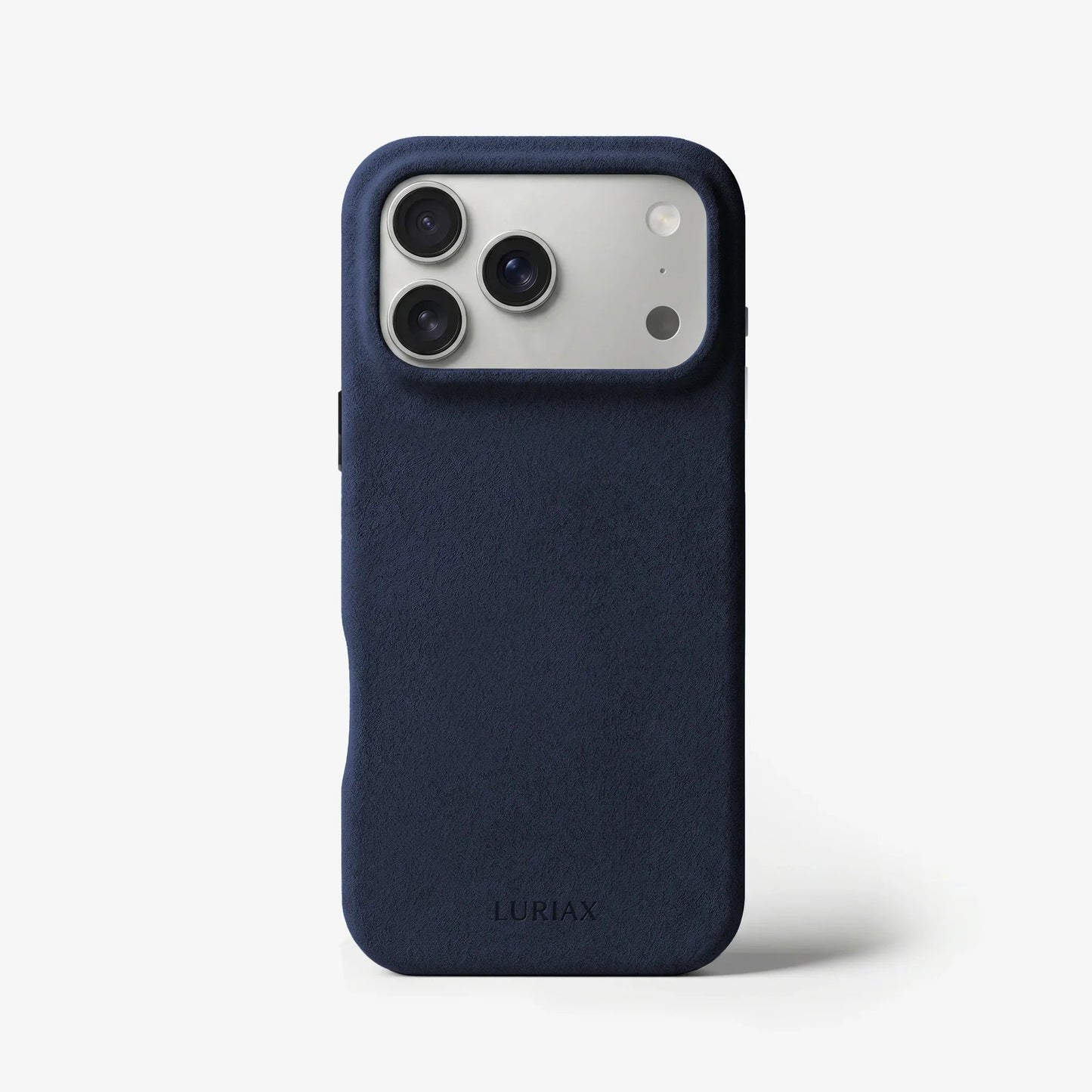 The Signature Handcrafted Case — iPhone 17 in Midnight Blue, Alcantara® — front view | Luriax