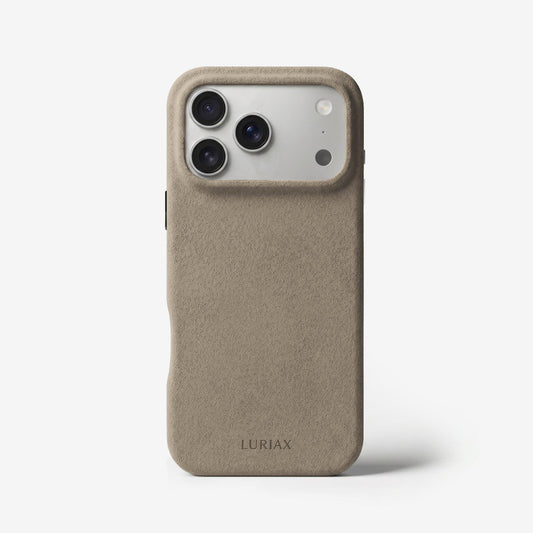 The Signature Handcrafted Case — iPhone 17 in Malibu Beige, Alcantara® — front view | Luriax