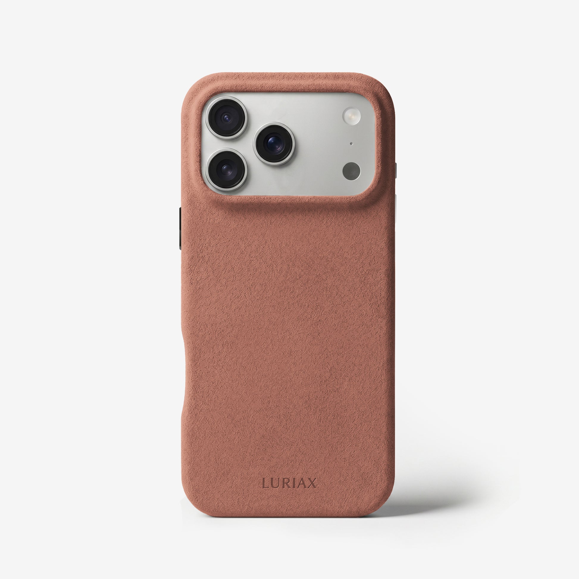 The Signature Handcrafted Case — Limited Edition iPhone 18 in Rosewood, Alcantara® — front view | Luriax