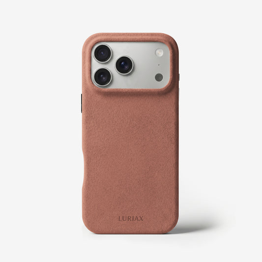 The Signature Handcrafted Case — Limited Edition iPhone 18 in Rosewood, Alcantara® — front view | Luriax