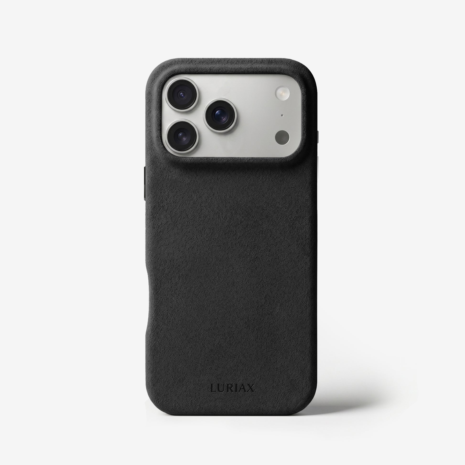 The Signature Handcrafted Case — iPhone 18 in Black Caviar, Alcantara® — front view | Luriax