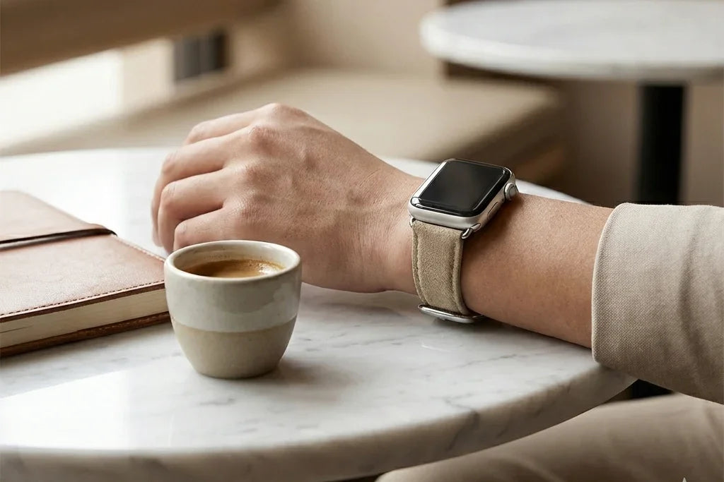 Luriax Alcantara watch band in Malibu Beige, suede-like texture on wrist beside espresso cup