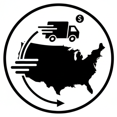 Free US shipping logo with a map of the United States and a delivery truck.