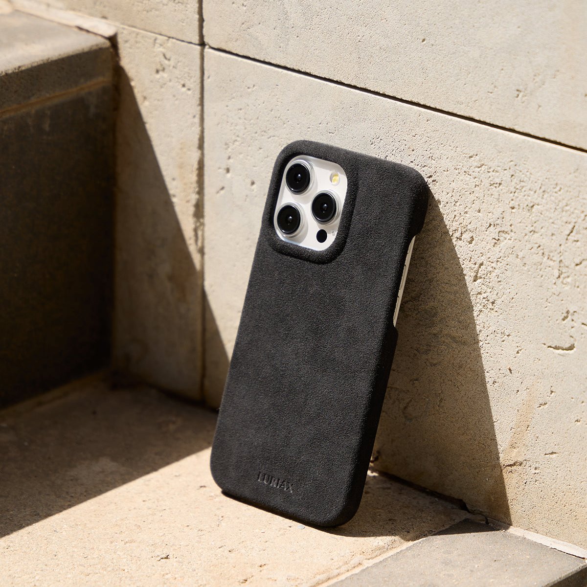 The Sport Alcantara iPhone 16 Pro Max Case in Charcoal Black Lifestyle by Luriax