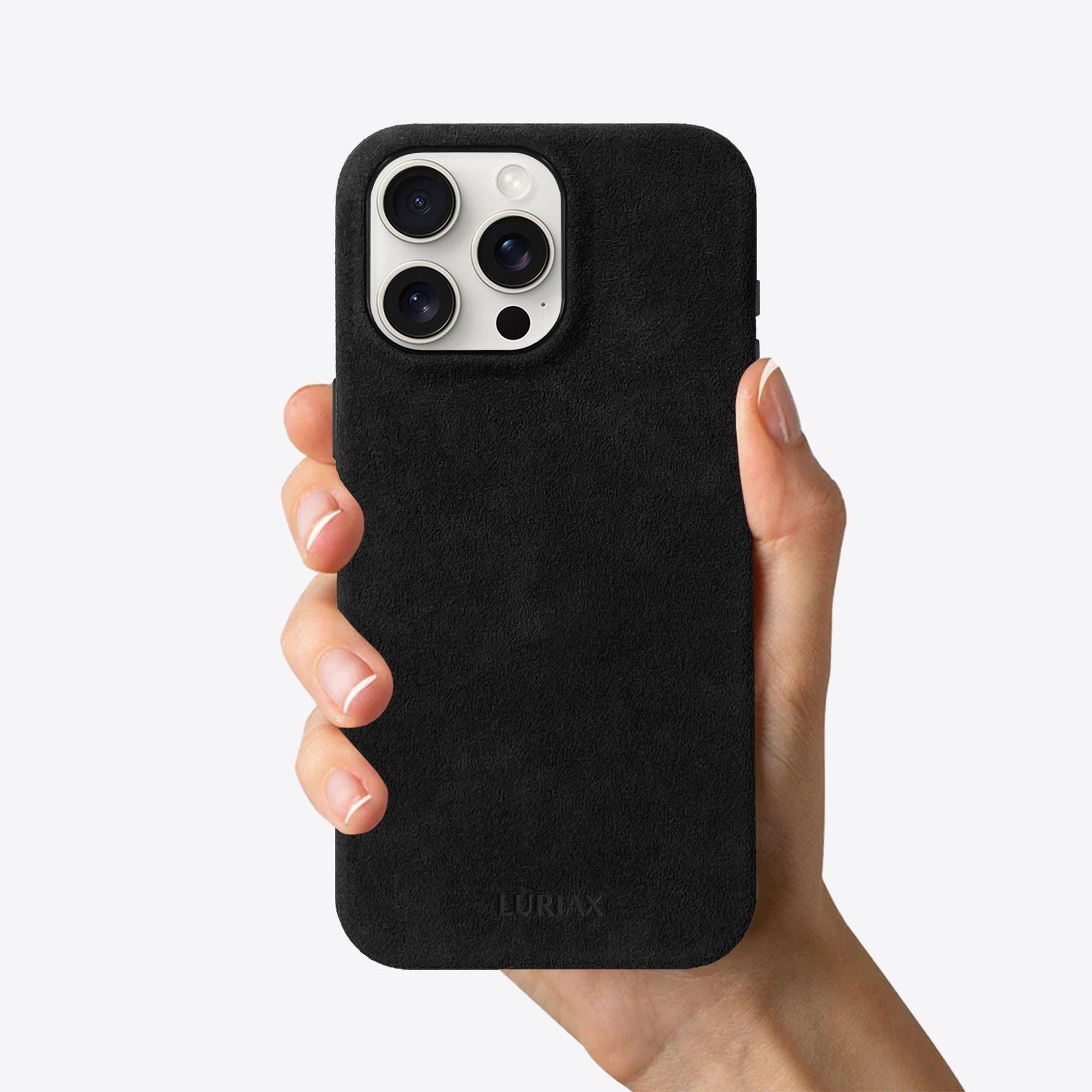 Alcantara Suede Leather iPhone 16 Pro Max Case Held - The Classic iPhone Case V2 - Pure Black - Luriax