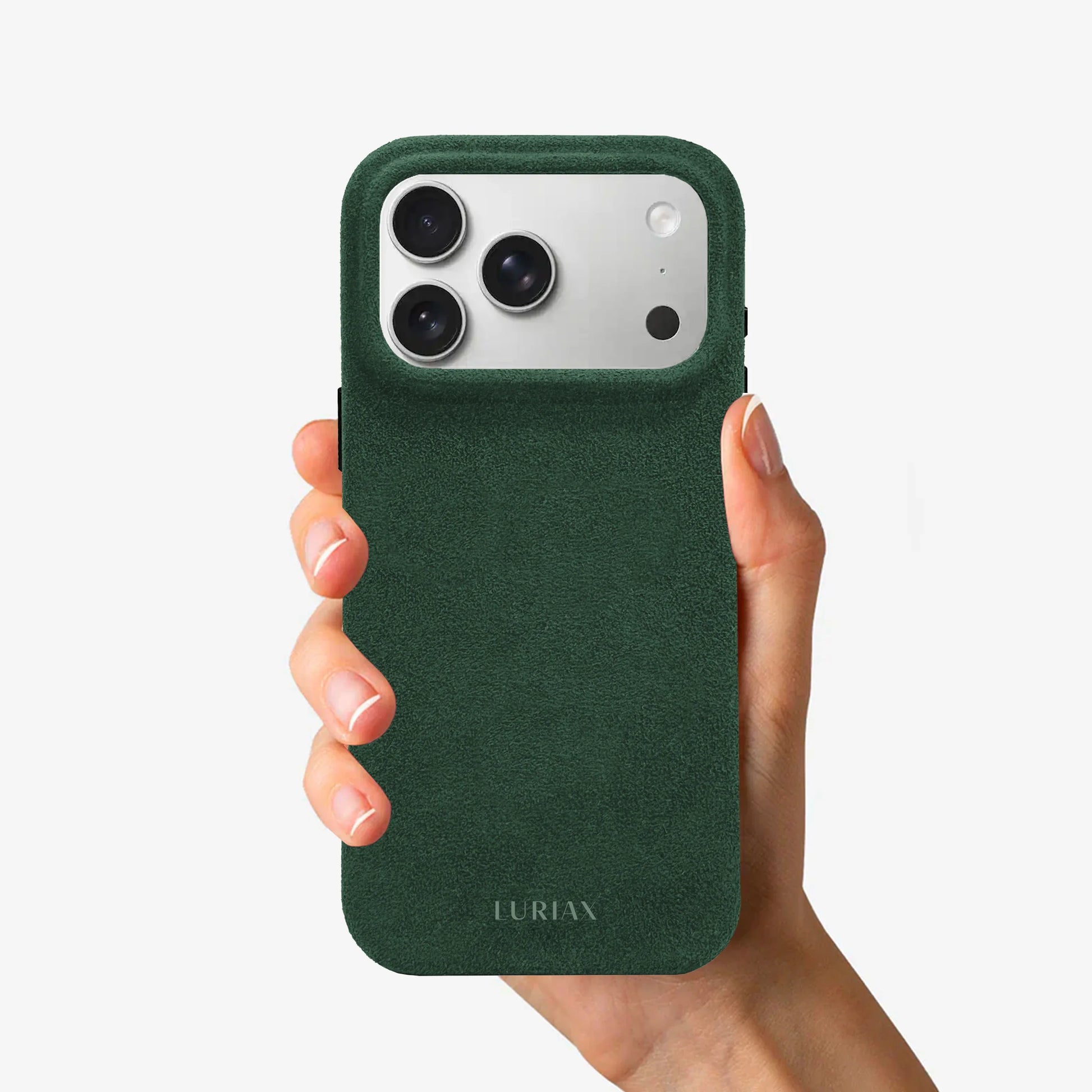 Luriax Signature Alcantara Suede iPhone 17 Pro Max Case in British Racing Green - Lifestyle