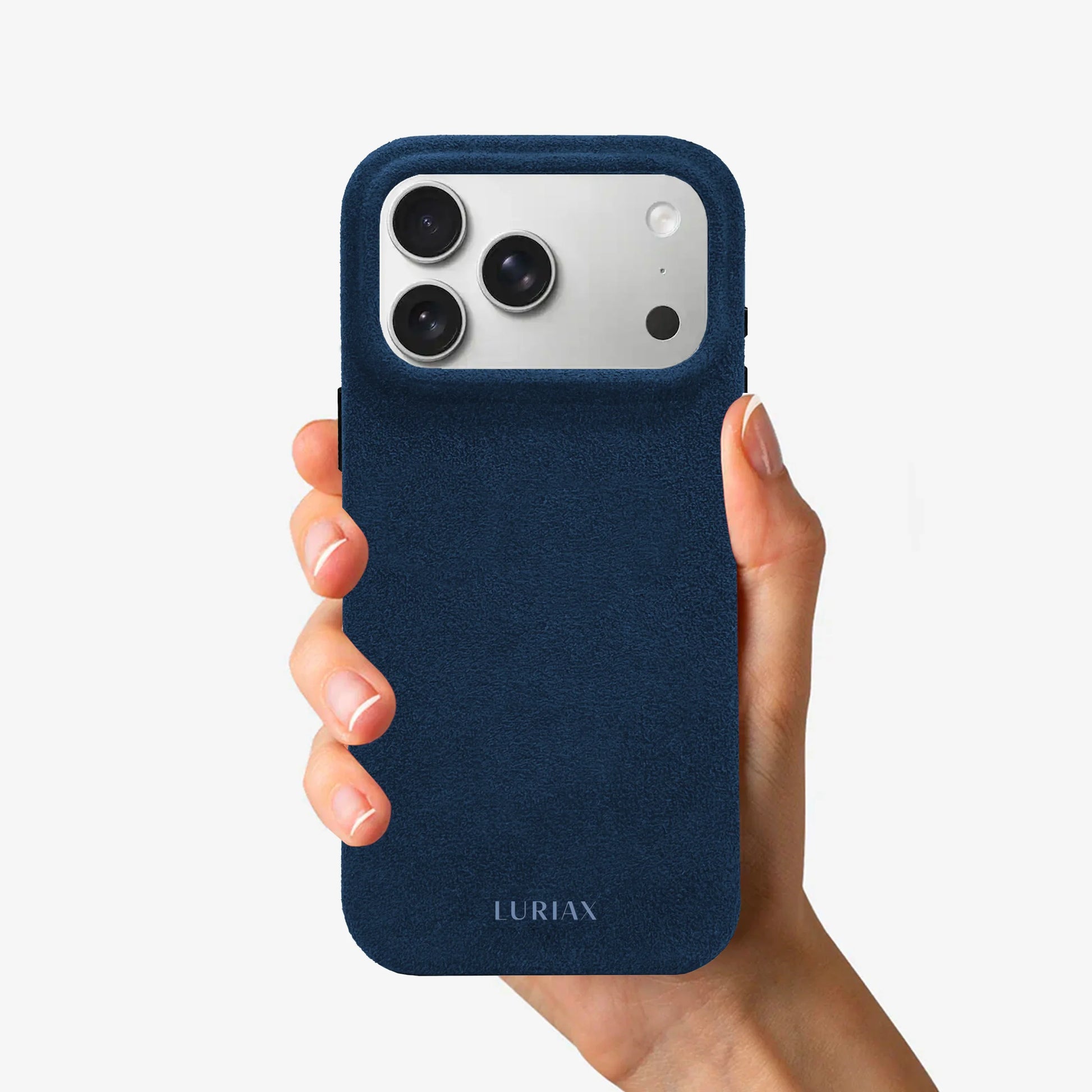 Luriax Signature Alcantara Suede iPhone 17 Pro Max Case in Midnight Blue - Lifestyle