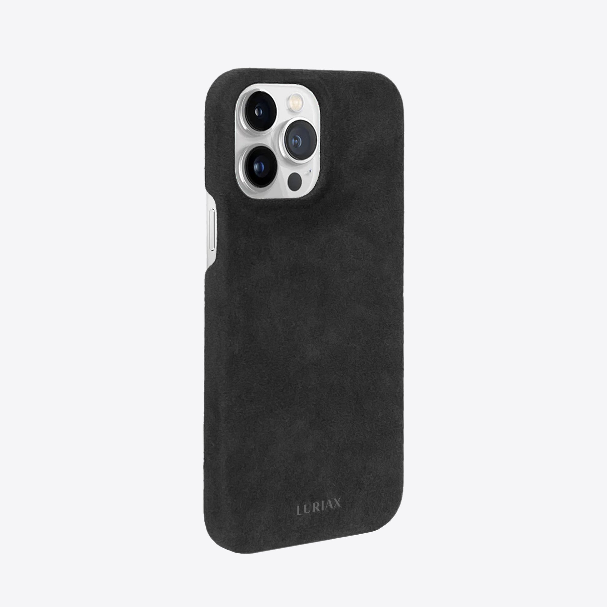 The Sport Alcantara iPhone 15 Pro Max Case in Charcoal Black on Silver Titanium by Luriax - Side View
