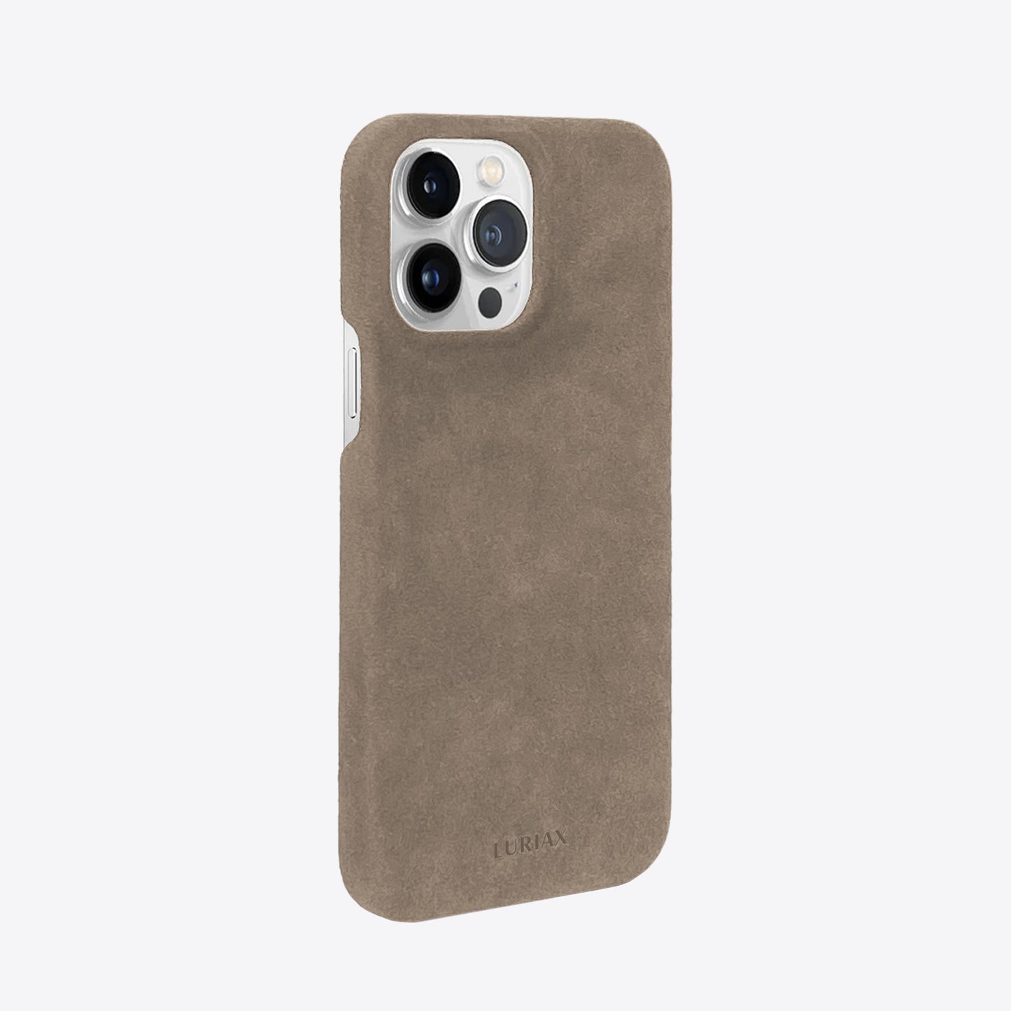 The Sport Alcantara Suede iPhone 15 Pro Max Case in Malibu Beige on White Titanium by Luriax - Side View