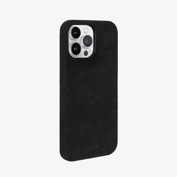 The Signature Handcrafted Case — iPhone 15 in Pure Black, Alcantara® — side view | Luriax