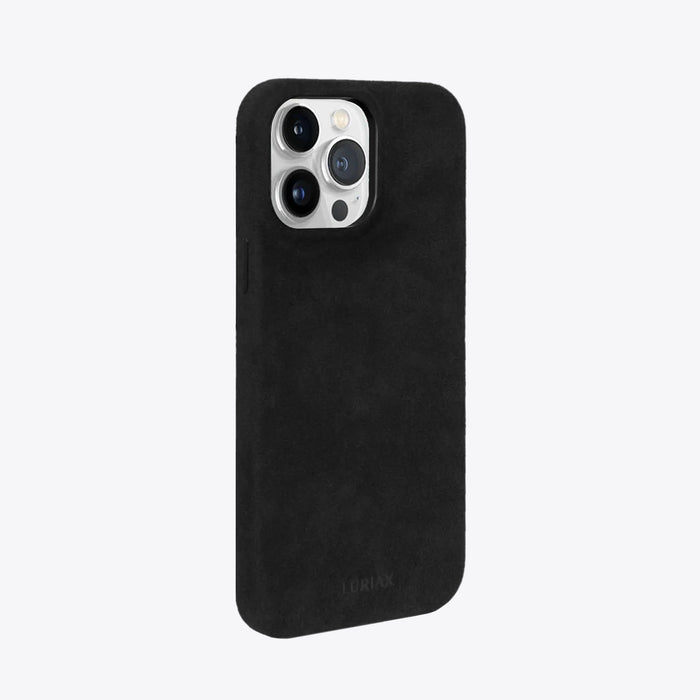 The Signature Handcrafted Case — iPhone 15 in Pure Black, Alcantara® — side view | Luriax
