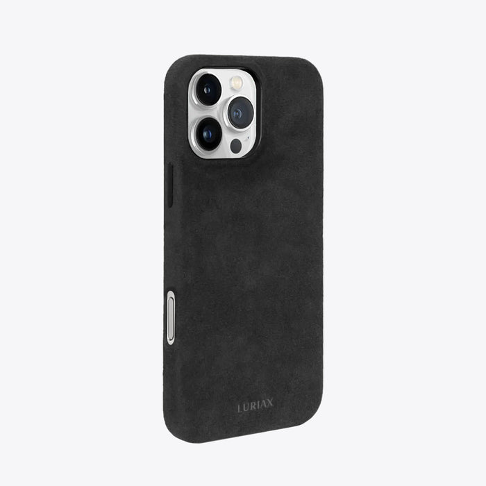 The Signature Handcrafted Case — iPhone 16 in Black Caviar, Alcantara® — side view | Luriax