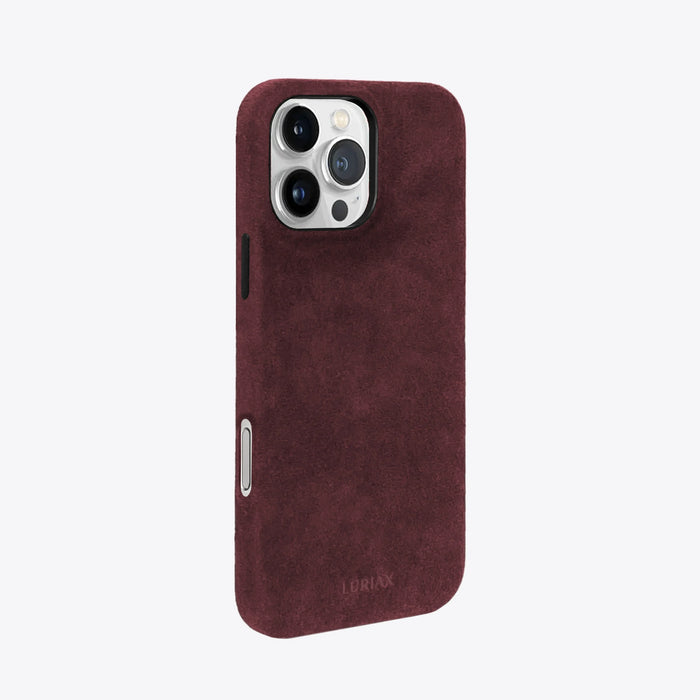 The Signature Handcrafted Case — iPhone 16 in Bordeaux, Alcantara® — side view | Luriax
