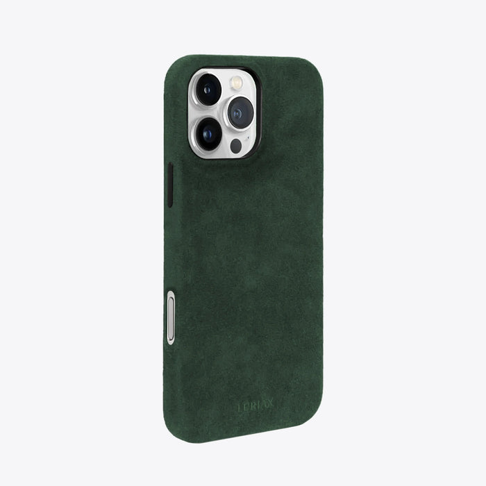 The Signature Handcrafted Case — iPhone 16 in British Racing Green, Alcantara® — side view | Luriax