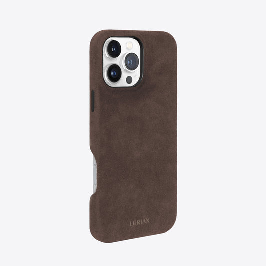 The Signature Handcrafted Case — iPhone 16 in Chocolate Brown, Alcantara® — side view | Luriax