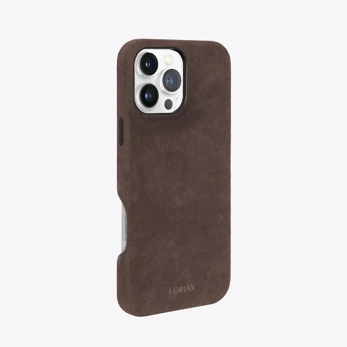The Signature Handcrafted Case — iPhone 16 in Chocolate Brown, Alcantara® — side view | Luriax