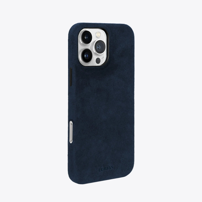 The Signature Handcrafted Case — iPhone 16 in Midnight Blue, Alcantara® — side view | Luriax