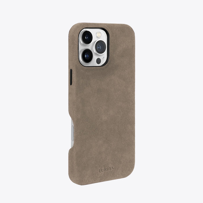 The Signature Handcrafted Case — iPhone 16 in Malibu Beige, Alcantara® — side view | Luriax