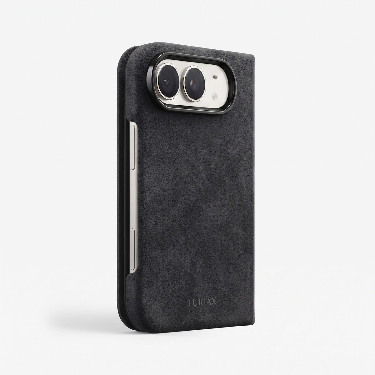 Luriax The Folio iPhone Duo case in Black Caviar Alcantara, closed, three-quarter view from the back showing the camera cutout and slim spine