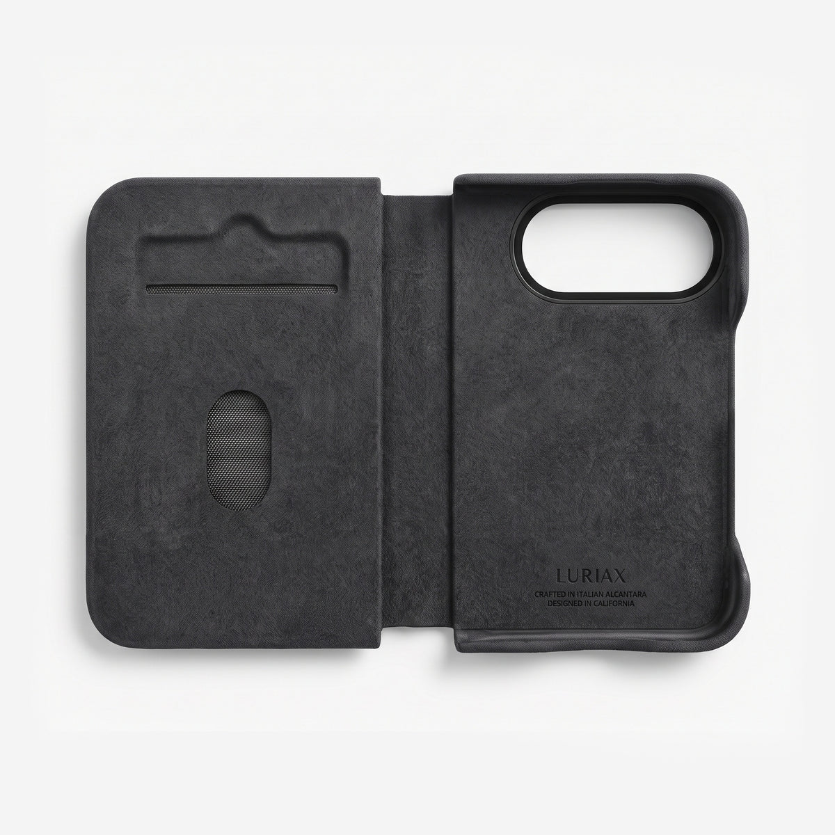 Luriax The Folio iPhone Duo case in Black Caviar, open and flat, showing the Alcantara lined interior and the single card slot inside the cover
